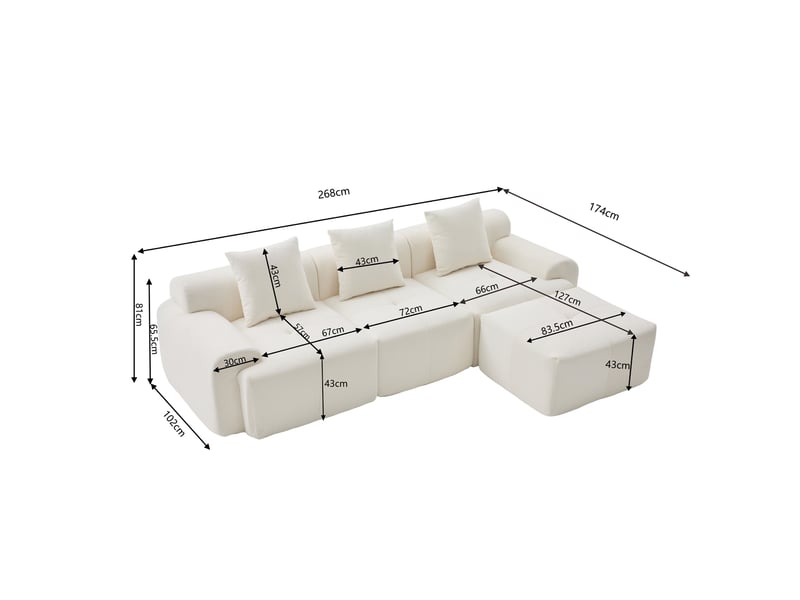  Canapé d'angle, canapé modulable, beige, 268 × 102 × 78 cm, style cloud, sans cadre, sans montage, 3 places, avec pouf  - Conforama B
