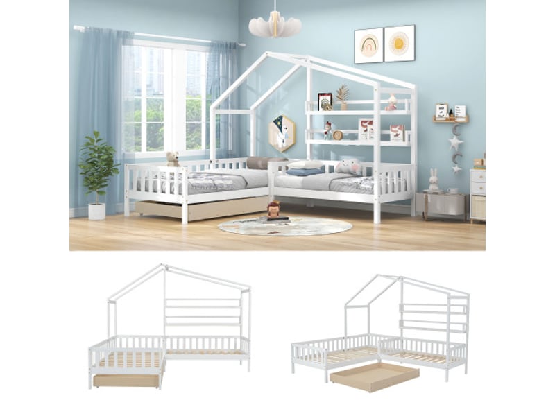  Lit enfant cabane - 90x200 cm + 140x70 cm, avec tiroirs et étagères, clôture et sommier à lattes, en l, blanc  - Conforama C