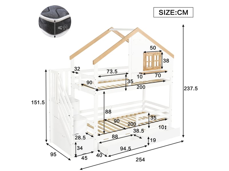  Lit superposé 90 x 200 cm structure en pin et mdf escalier à rangements rangement sous le lit design petite maison fenêtre intégrée finition blanc et naturel  - Conforama C