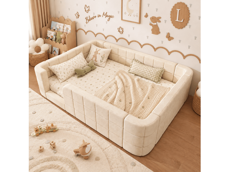 Lit double 140 × 200 cm avec contour de protection rembourré, sommier à lattes, en chenille beige pour chambre d'enfant - Conforama D