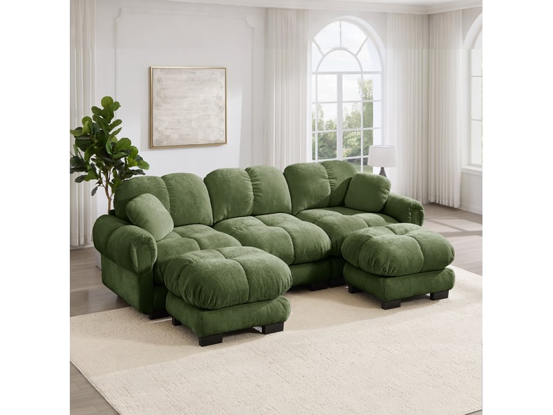  Canapé modulable 3 places en tissu vert avec ottomane mobile et 2 coussins déco, design capitonné enveloppant  - Conforama E