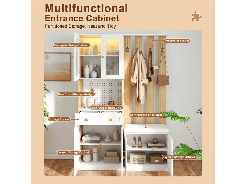  Vestiaire d'entrée avec banc et éclairage led blanc et chêne 120 x 30 x 180 cm  - Conforama E