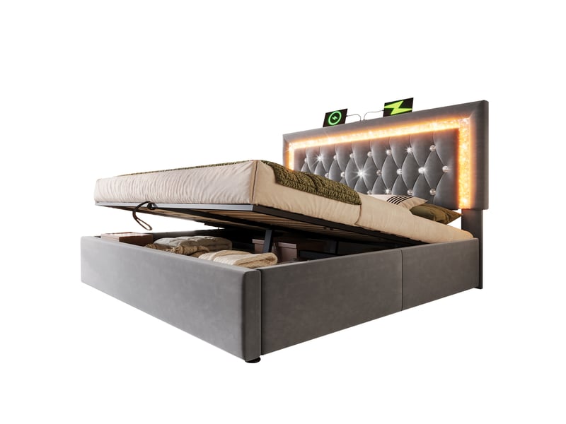Lit coffre double 160 x 200 cm en velours gris avec led, ports usb et usb-c, matelas inclus - Conforama A