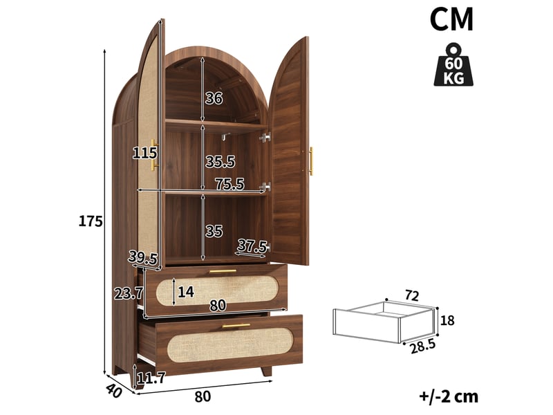  Buffet et enfilade haut avec 4 portes et 4 tiroirs, façades effet rotin, pour salle à manger, en mdf et métal  - Conforama C