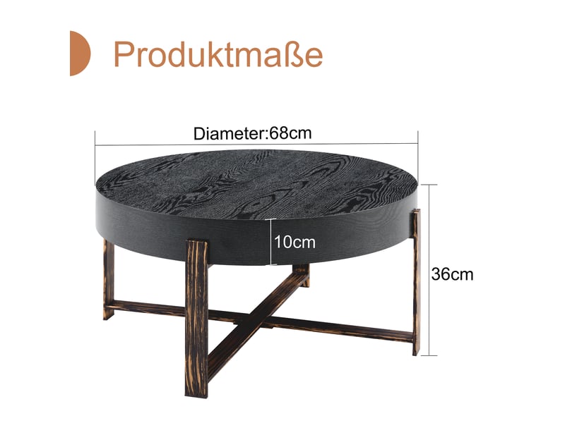  Table basse ronde ulevr style industriel rétro 68 cm, plateau mdf noir effet bois, piètement croisé métal bronze antique  - Conforama C