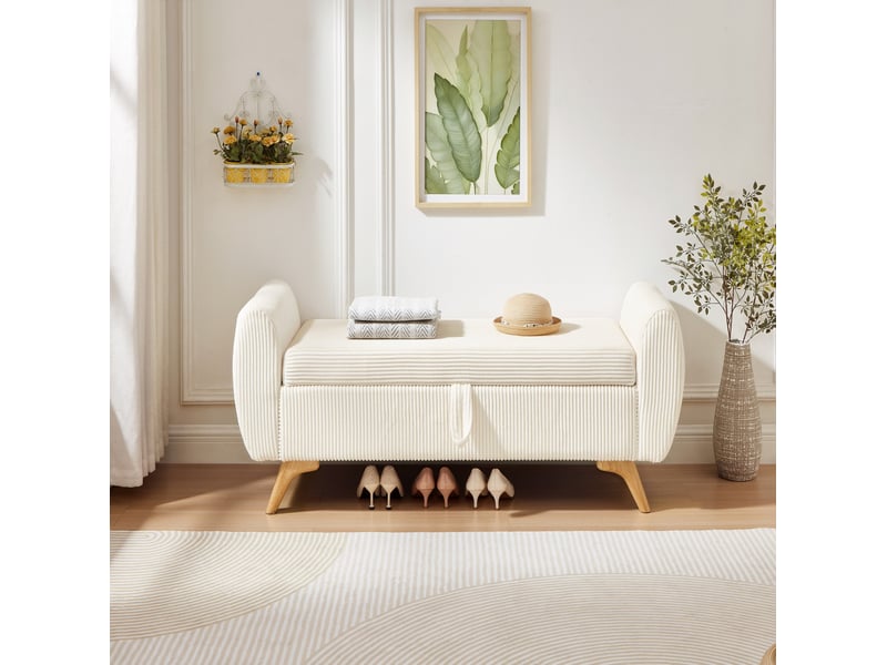  Banc de rangement pliable 145 x 51 x 45 cm beige en velours côtelé, avec pieds en bois pour l'entrée  - Conforama B