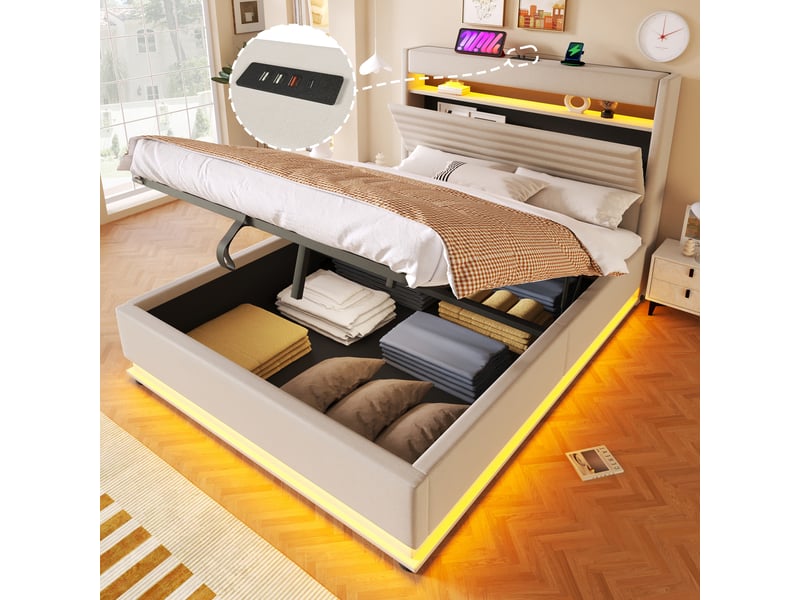  Lit coffre 140x200 cm, lit double, rangement hydraulique, led, usb et usb-c, lin beige  - Conforama C