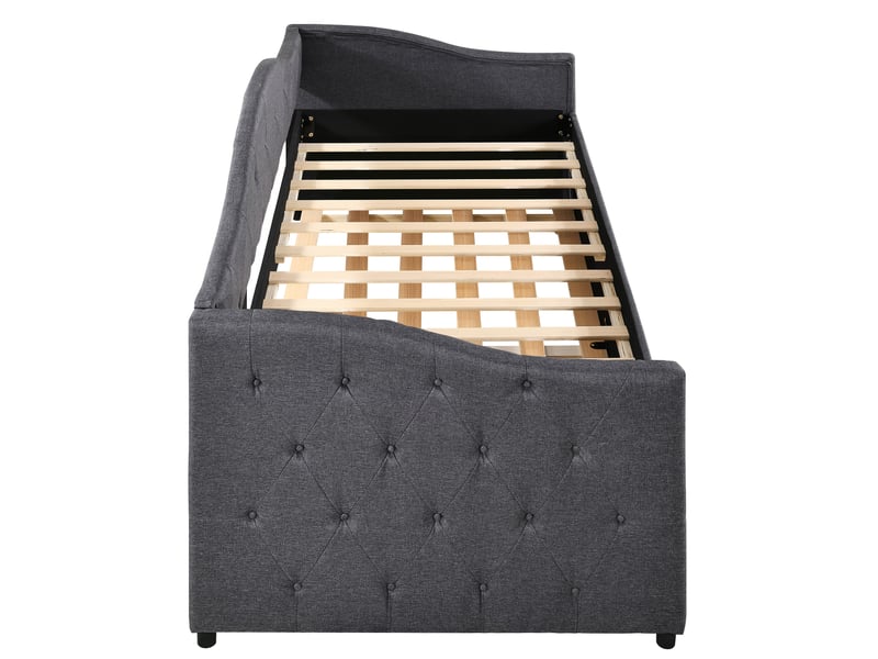 Lit gigogne 90x200 cm avec couchage coulissant, en lin, gris, sans matelas  - Conforama E