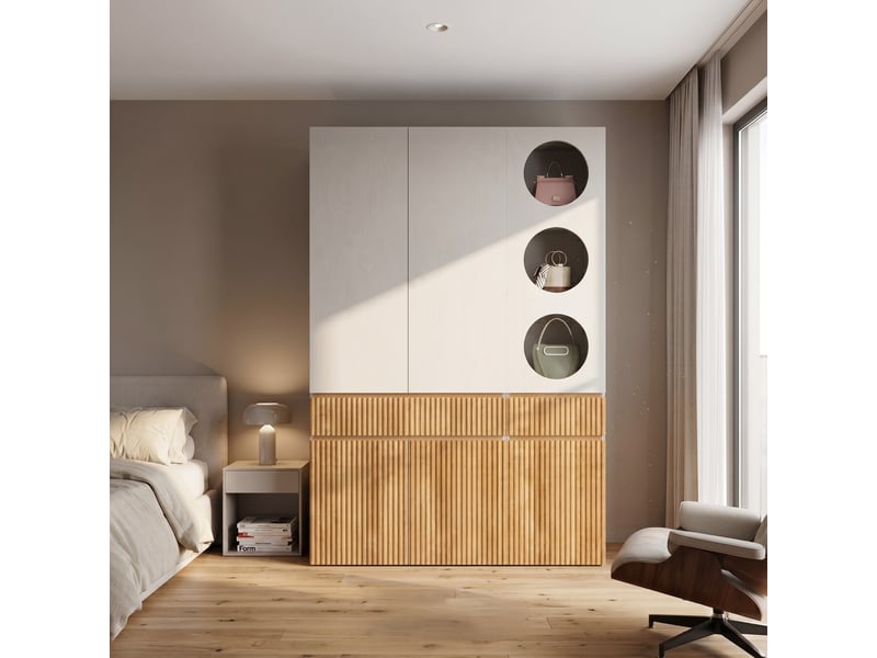  Armoire chambre 135x50x200 cm, avec 6 portes et 2 tiroirs, grand meuble de rangement moderne, en mdf, gris et naturel  - Conforama B