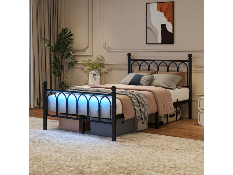  Lit simple 120x200 cm avec led et usb-c, cadre de lit adulte en métal avec tête et pied de lit vintage, lit 1 personne, noir  - Conforama A