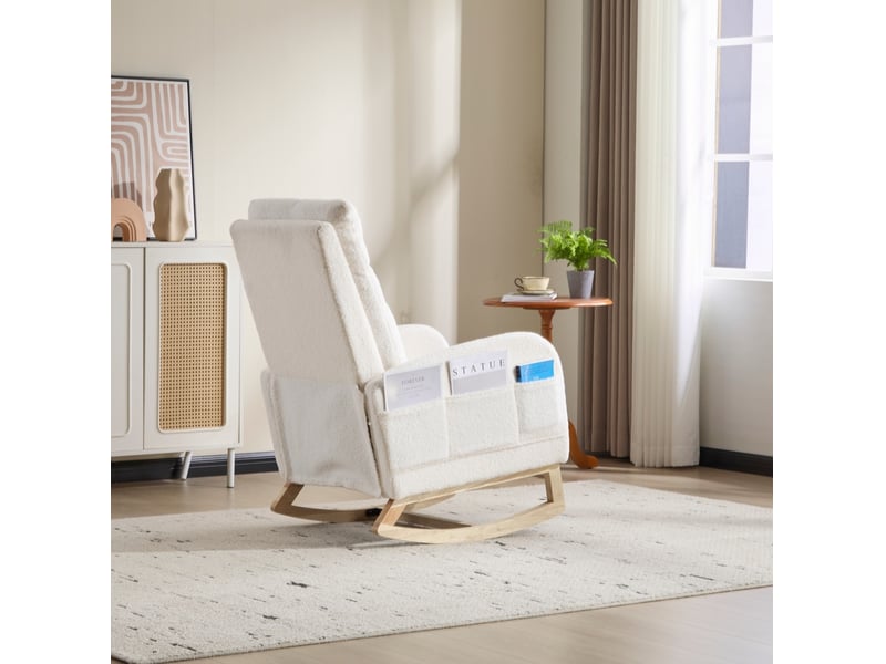  Rocking-chair à dossier haut avec bascule douce, poche latérale et base incurvée en bois, en tissu bouclette blanc  - Conforama D