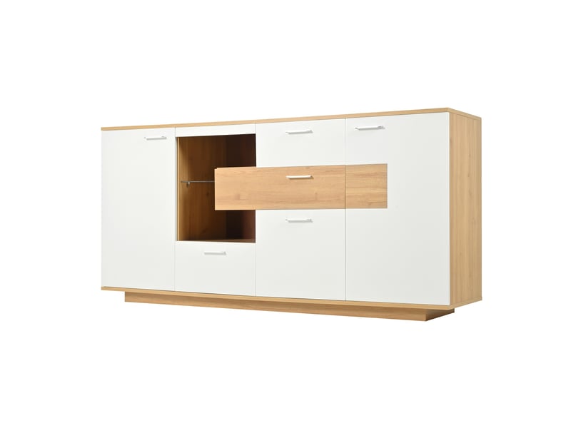 Buffet naturel, 4 tiroirs, 2 portes, rangement, éclairage led, portes vitrées - mdf et bois et verre - 160x40x77cm - Conforama C