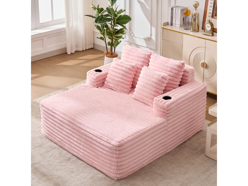  Fauteuil 2 places - 135x128x86 cm - lit convertible chaiselongue surdimensionnée avec porte-gobelets et velours - rose  - Conforama C