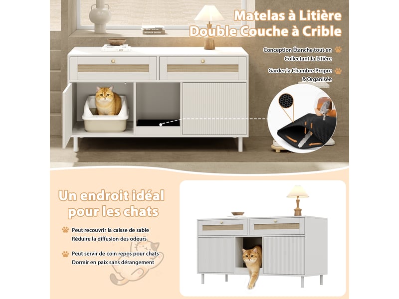  Meuble cache-litière avec rangement, maison de toilette discrète, blanc, 120 x 50 x 65 cm, mdf Fay Lum - Conforama E