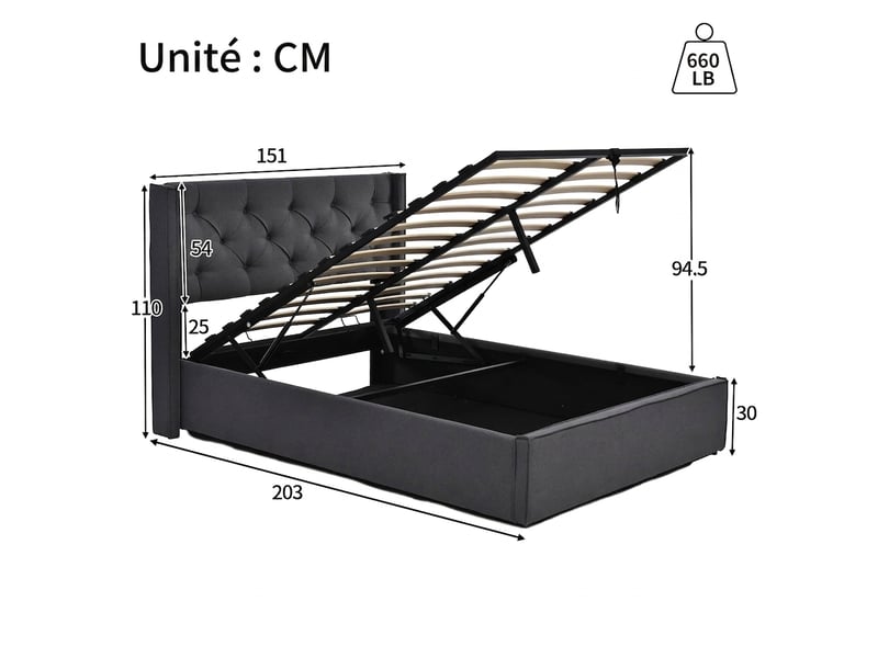  Lit coffre 140x200 capitonné avec sommier à lattes en bois et rangement hydraulique, gris  - Conforama E