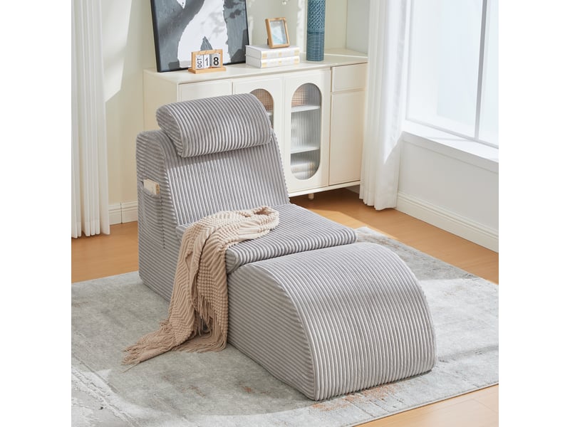  Fauteuil lounge confort avec coussin amovible et poche latérale, ergonomique, velours côtelé et mousse haute résilience, 160 × 66 × 90 cm - gris clair  - Conforama D