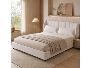 Lit double 180 × 200 cm plateforme avec sommier à lattes, tête de lit capitonnée et 2 coussins beige pour chambre
