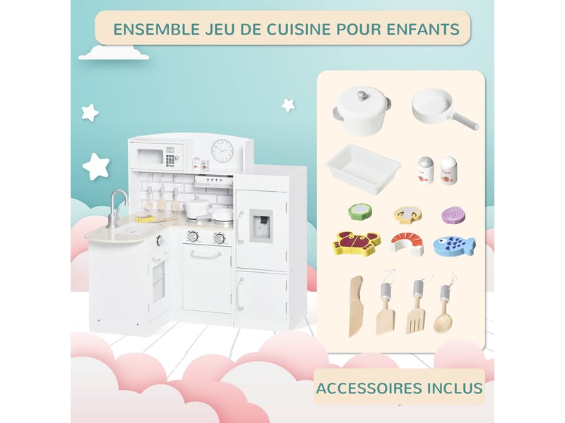 Cuisine bois jeu d'imitation - cuisine enfant 3+ ans - nombreux accessoires & rangements inclus - micro-ondes, hotte, évier avec robinet - mdf pin blanc - Conforama E