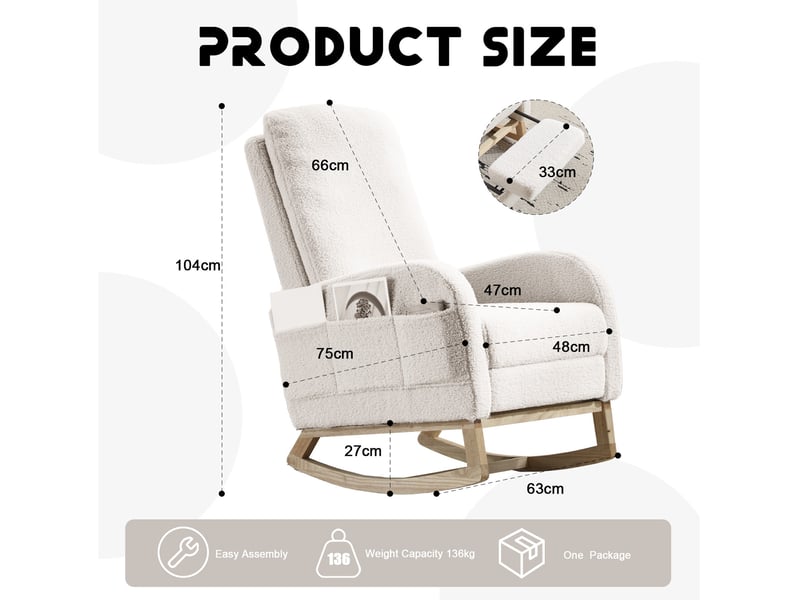  Fauteuil à bascule d'allaitement modenvie dossier haut tissu bouclette blanc avec repose-pieds 75 x 63 x 104 cm  - Conforama C