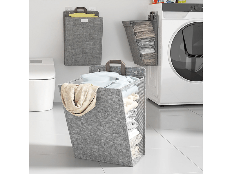  Lot de 2 paniers à linge pliables et suspendus avec couvercle, grille double face pour buanderie – gris 36 x 12 x 48 cm  - Conforama E