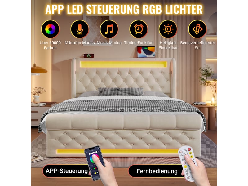 Lit double capitonné led avec coffre hydraulique velours beige 160x200 cm usb-c + matelas  - Conforama D