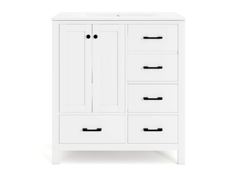  Meuble vasque salle de bain blanc 76 cm avec lavabo céramique intégré, tiroirs et étagères réglables  - Conforama A