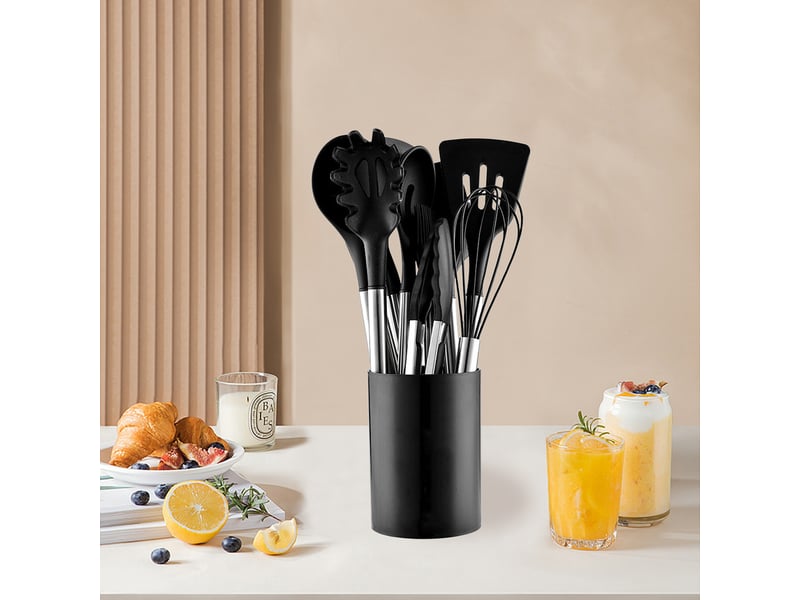  Set de 12 ustensiles de cuisine en silicone et acier inoxydable noir avec rangement chicfurn  - Conforama D