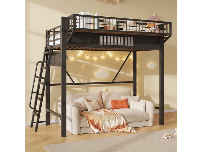  Lit mezzanine 90 × 200 cm 1 place avec rangements et espace inférieur ouvert, sans matelas, en métal noir  - Conforama C