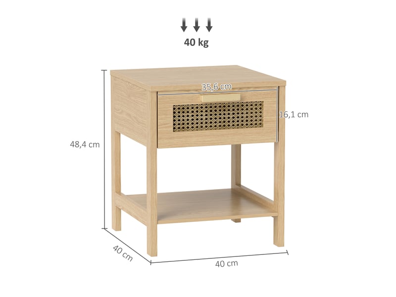  Table de chevet 40x40x48,4 cm en bois naturel avec tiroir et façade en rotin  - Conforama C