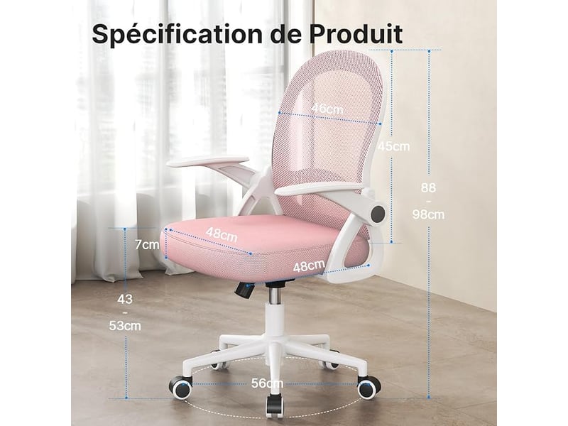  Chaise de bureau avec accoudoir relevable, fauteuil de bureau avec soutien lombaire, siège bureau avec dossier moyen de 45 cm (sans repose-pieds ni appuie-tête, rose)  - Conforama C