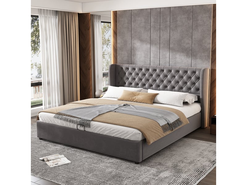 Lit double velours 160x200 gris - lit coffre avec sommier à lattes et tête de lit capitonnée - Conforama D
