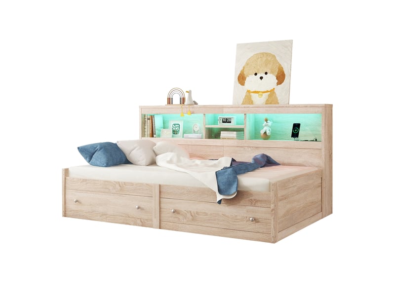  Lit banquette 90x200 lit de jour avec tiroirs et sommier - éclairage led prises usb bois naturel  - Conforama A