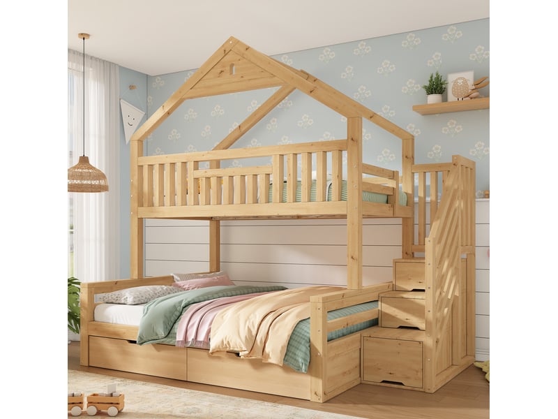 Lit superposé 90140 × 200 cm avec escalier-rangement, 2 tiroirs, toit pignon et barrières pour chambre enfant en bois - Conforama B