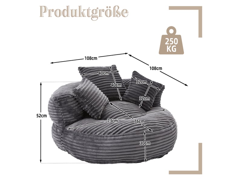  Fauteuil inclinable - à dossier haut - avec 3 coussins - résistant et confortable - velours côtelé - gris foncé  - Conforama E