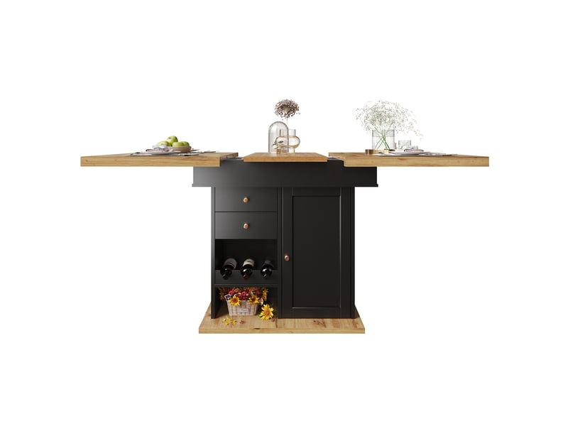 Table extensible avec rangement, tiroir et étagères réglables pour cuisine 110-140×80×75 cm noir naturel - Conforama A