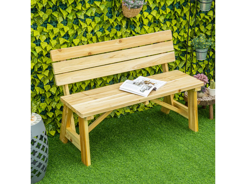  Banc de jardin en bois 2 places avec lattes et dossier haut, 116 x 56 x 80 cm, couleur naturelle  - Conforama C