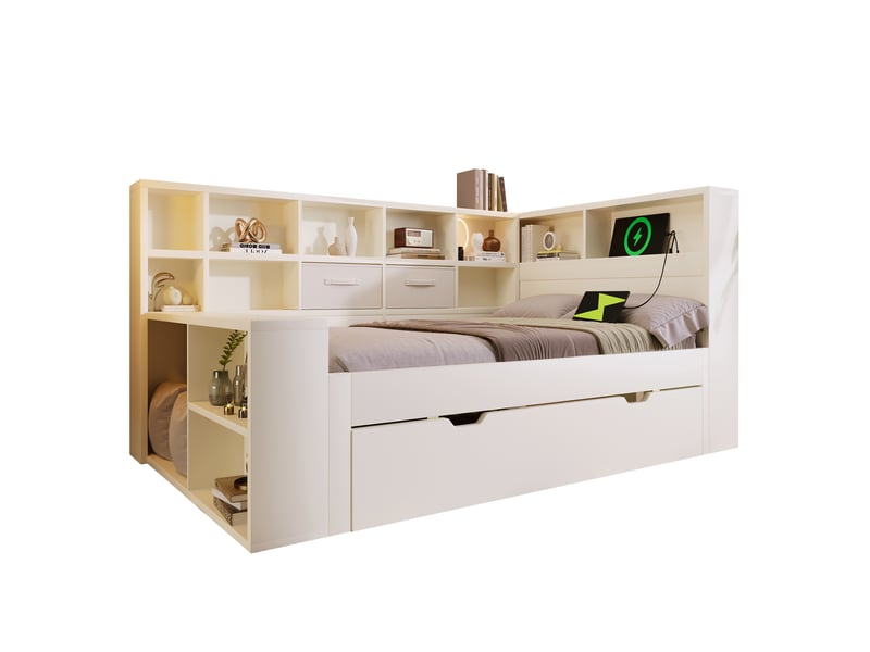  Lit gigogne jeune 90x190 cm, avec rangements et ports usb et type-c, structure en bois, couleur blanc, sans matelas  - Conforama A