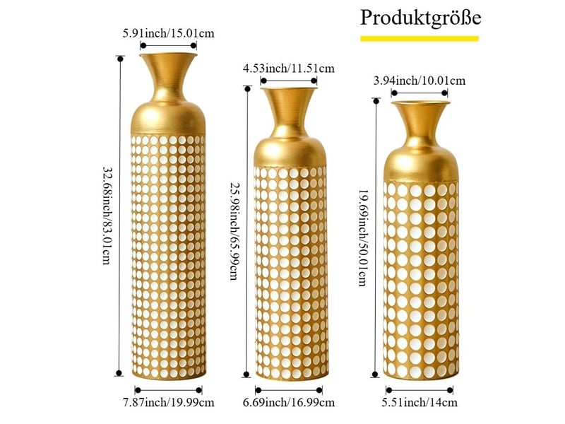 Lot de 3 vases de sol en métal doré à pois blancs, hauteurs 50, 66 et 83 cm pour fleurs séchées décoratives - Conforama C
