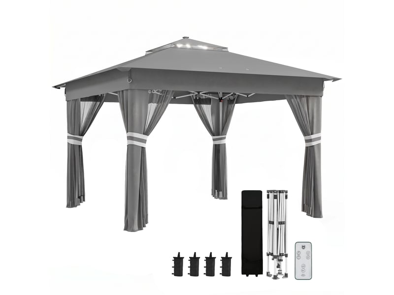  Tonnelle de jardin à hauteur réglable avec éclairage led, acier et toile oxford, 336 x 336 x 250-270 cm, grise  - Conforama A
