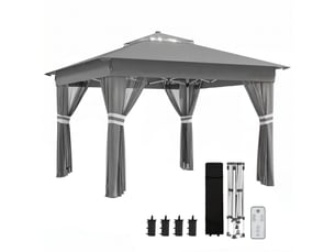 Tonnelle de jardin à hauteur réglable avec éclairage led, acier et toile oxford, 336 x 336 x 250-270 cm, grise