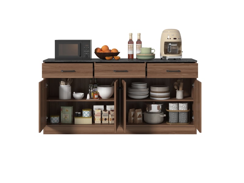 Buffet de cuisine 160 cm aspect noyer, îlot de cuisine avec 3 tiroirs et plan de travail effet béton  - Conforama A