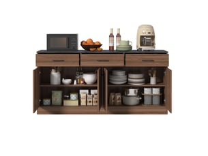 Buffet de cuisine 160 cm aspect noyer, îlot de cuisine avec 3 tiroirs et plan de travail effet béton