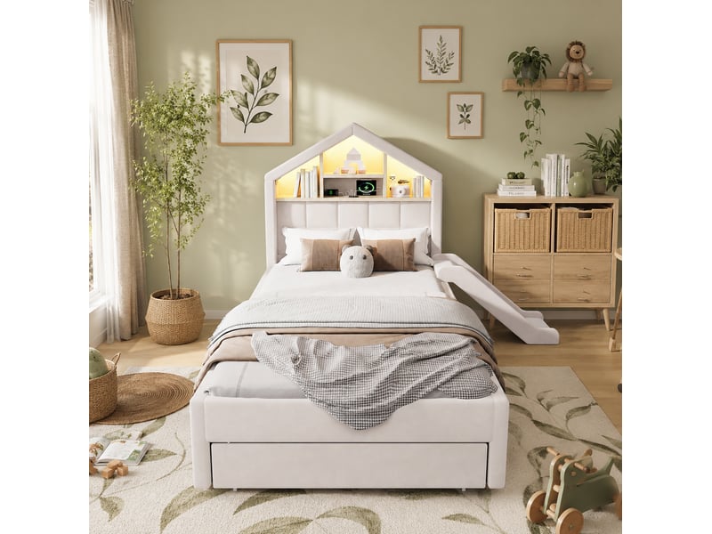  Lit cabane enfant 90x200 cm beige – velours rembourré – toboggan, led, rangement intégré, charge 150 kg  - Conforama D