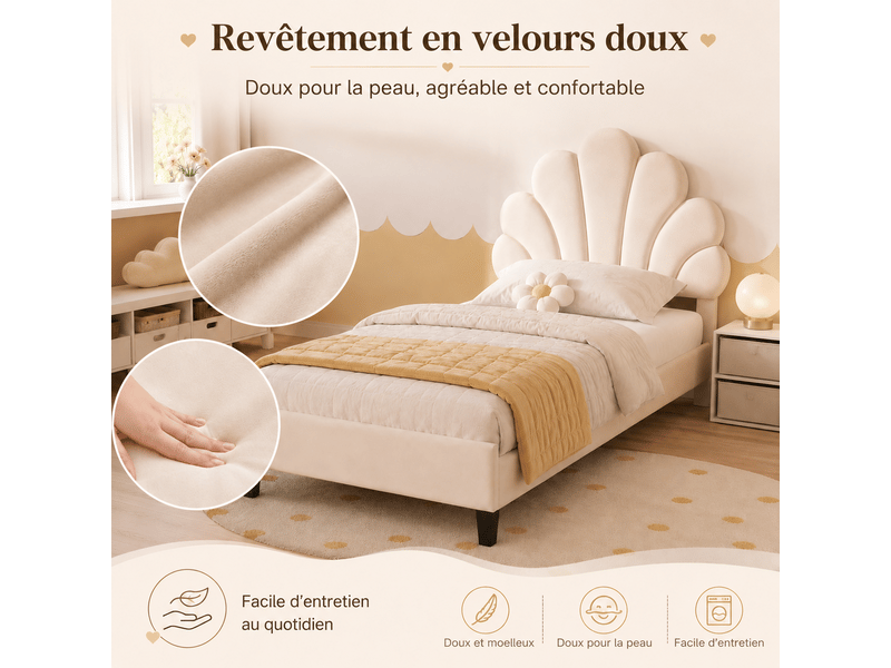  Lit enfant rembourré 90x200, lit simple avec tête de lit en forme de fleur et sommier à lattes, lits 1 personne pour fille adolescent, velours, sans matelas, beige  - Conforama E