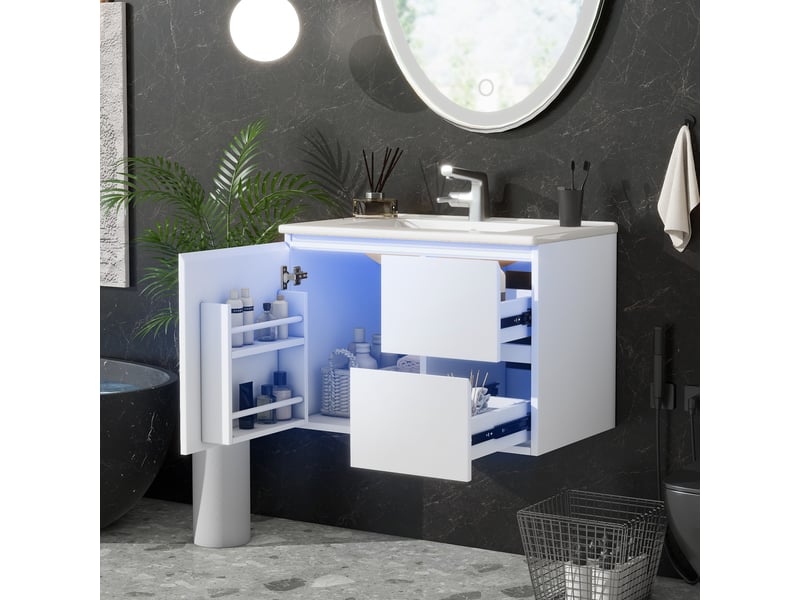  Meuble sous vasque mural avec 1 tiroir, 2 portes et éclairage led radar pour salle de bain, mdf blanc 76×46×50 cm  - Conforama B