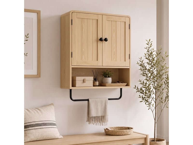 Armoire murale salle de bain 2 portes étagère niche avec porte-serviette effet bois clair métal noir - Conforama D