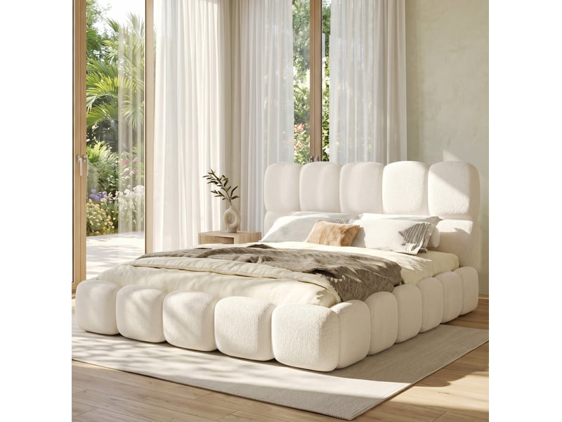  Elvmi lit coffre double 180x200 cm en bouclé blanc avec sommier à lattes, tête de lit rembourrée, rangement hydraulique grande capacité, structure intégrée stable, contours arrondis sécurisés, design élégant et confortable pour …  - Conforama B