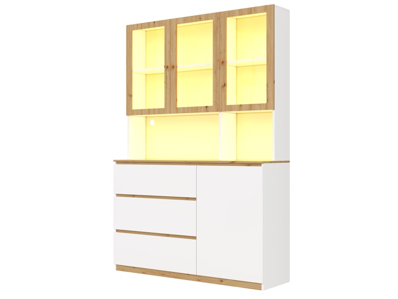  Vitrine haute 120x200x24,5 cm blanc et chêne mdf, led et rangement multifonction pour salon et cuisine  - Conforama D