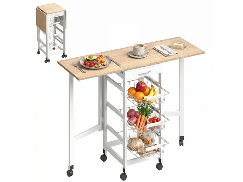  Chariot de service desserte de cuisine à multi-rangements roulettes 3 paniers blanc chêne clair  - Conforama B