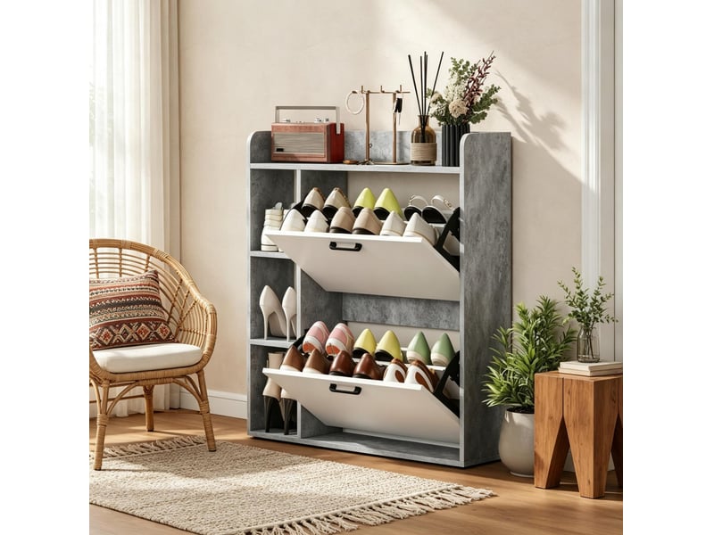  Meuble à chaussures avec 2 abattants, 3 niches et étagères réglables pour entrée, gris et blanc, 83 × 24 × 90,5 cm  - Conforama B
